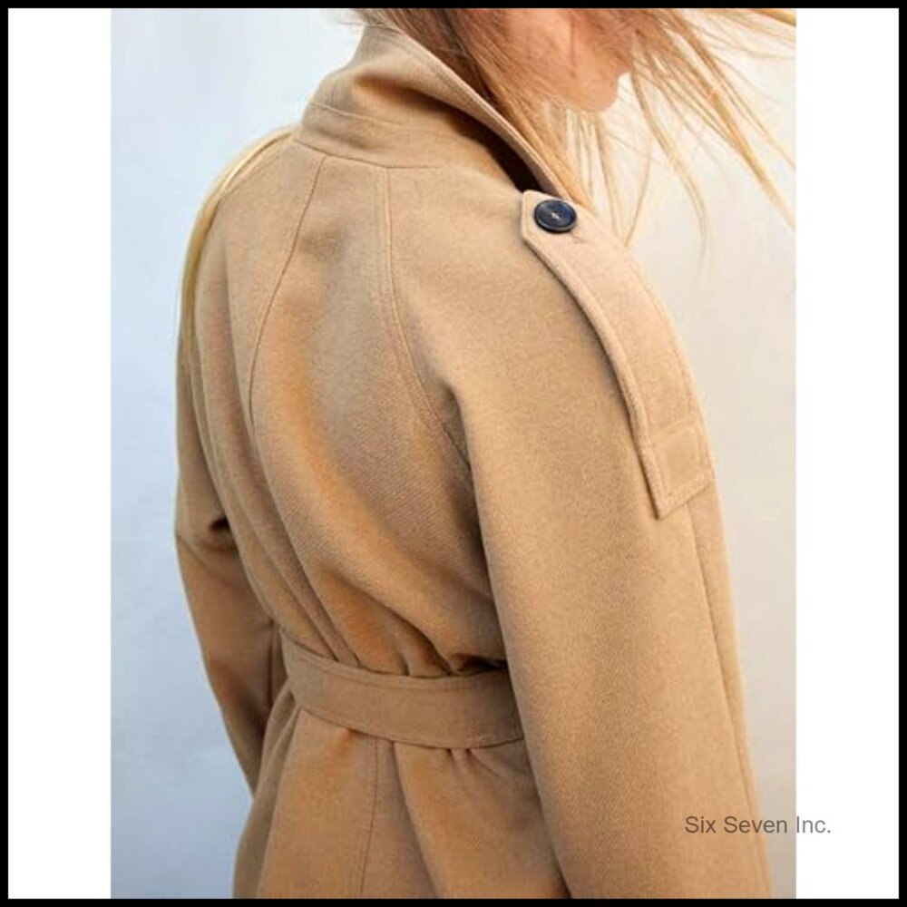 Wool Blend Pea Coat Double Breasted Notch Lapel Belted Winter Jacket - Picture 5 of 7